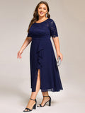 Plus Size A-Line Short Sleeve Scoop Neck Formal Dress with Slit