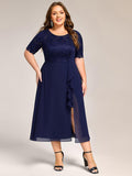 Plus Size A-Line Short Sleeve Scoop Neck Formal Dress with Slit
