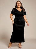 Mermaid Plus Size Short Sleeve Pleated V-Neck Formal Dress