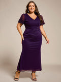 Mermaid Plus Size Short Sleeve Pleated V-Neck Formal Dress