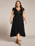 A-Line Plus Size V-Neck Sequin Ruffles Formal Dress with Short Sleeve