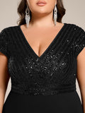 Short Sleeve V-Neck A-Line Empire-Waist Formal Dress with Sequins