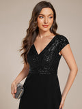 Short Sleeve V-Neck A-Line Empire-Waist Formal Dress with Sequins