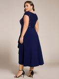 A-Line Plus Size V-Neck Sequin Ruffles Formal Dress with Short Sleeve