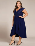 A-Line Plus Size V-Neck Sequin Ruffles Formal Dress with Short Sleeve