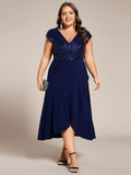 A-Line Plus Size V-Neck Sequin Ruffles Formal Dress with Short Sleeve