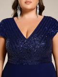 A-Line Plus Size V-Neck Sequin Ruffles Formal Dress with Short Sleeve