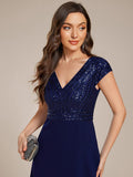 Short Sleeve V-Neck A-Line Empire-Waist Formal Dress with Sequins