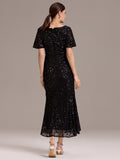 V-Neck Short Sleeves Embroidery Sequin Formal Wedding Guest Dress