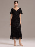 V-Neck Short Sleeves Embroidery Sequin Formal Wedding Guest Dress