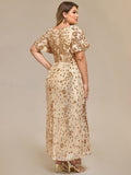 V-Neck Short Sleeves Embroidery Sequin Formal Wedding Guest Dress