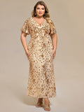 V-Neck Short Sleeves Embroidery Sequin Formal Wedding Guest Dress