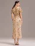 V-Neck Short Sleeves Embroidery Sequin Formal Wedding Guest Dress