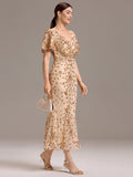 V-Neck Short Sleeves Embroidery Sequin Formal Wedding Guest Dress
