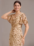 V-Neck Short Sleeves Embroidery Sequin Formal Wedding Guest Dress