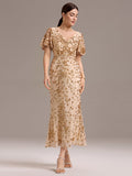 V-Neck Short Sleeves Embroidery Sequin Formal Wedding Guest Dress