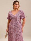 V-Neck Short Sleeves Embroidery Sequin Formal Wedding Guest Dress