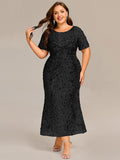 Plus Size Scoop Neck Sequin Appliques Mermaid Formal Dress with Sleeves