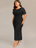 Plus Size Scoop Neck Sequin Appliques Mermaid Formal Dress with Sleeves