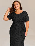 Plus Size Scoop Neck Sequin Appliques Mermaid Formal Dress with Sleeves
