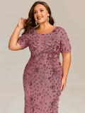 Plus Size Scoop Neck Sequin Appliques Mermaid Formal Dress with Sleeves