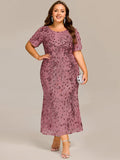 Plus Size Scoop Neck Sequin Appliques Mermaid Formal Dress with Sleeves