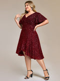Plus Size Sparkly A-Line V-Neck Sequin Knee-Length Ruffle Formal Dress