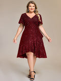 Plus Size Sparkly A-Line V-Neck Sequin Knee-Length Ruffle Formal Dress