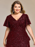 Plus Size Sparkly A-Line V-Neck Sequin Knee-Length Ruffle Formal Dress