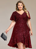 Plus Size Sparkly A-Line V-Neck Sequin Knee-Length Ruffle Formal Dress