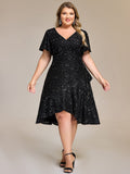 Plus Size Sparkly A-Line V-Neck Sequin Knee-Length Ruffle Formal Dress
