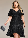 Plus Size Sparkly A-Line V-Neck Sequin Knee-Length Ruffle Formal Dress