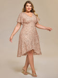 Plus Size Sparkly A-Line V-Neck Sequin Knee-Length Ruffle Formal Dress