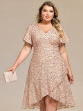 Plus Size Sparkly A-Line V-Neck Sequin Knee-Length Ruffle Formal Dress