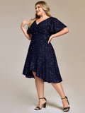 Plus Size Sparkly A-Line V-Neck Sequin Knee-Length Ruffle Formal Dress