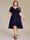 Plus Size Sparkly A-Line V-Neck Sequin Knee-Length Ruffle Formal Dress