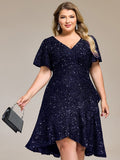 Plus Size Sparkly A-Line V-Neck Sequin Knee-Length Ruffle Formal Dress