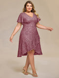 Plus Size Sparkly A-Line V-Neck Sequin Knee-Length Ruffle Formal Dress