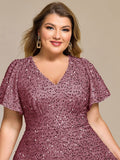 Plus Size Sparkly A-Line V-Neck Sequin Knee-Length Ruffle Formal Dress