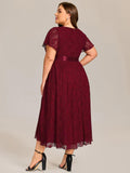 A-Line Plus Size Lace Short Sleeve Scoop Neck Midi Formal Dress with Belt