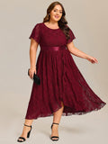 A-Line Plus Size Lace Short Sleeve Scoop Neck Midi Formal Dress with Belt
