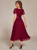 A-Line Short Sleeve Ruffled Empire-Waist Scoop Neck Lace Formal Dress