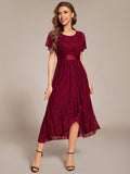 A-Line Short Sleeve Ruffled Empire-Waist Scoop Neck Lace Formal Dress