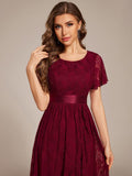 A-Line Short Sleeve Ruffled Empire-Waist Scoop Neck Lace Formal Dress