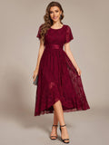 A-Line Short Sleeve Ruffled Empire-Waist Scoop Neck Lace Formal Dress