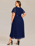 A-Line Plus Size Lace Short Sleeve Scoop Neck Midi Formal Dress with Belt