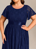 A-Line Plus Size Lace Short Sleeve Scoop Neck Midi Formal Dress with Belt