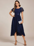 A-Line Short Sleeve Ruffled Empire-Waist Scoop Neck Lace Formal Dress