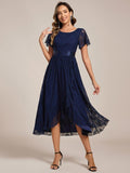 A-Line Short Sleeve Ruffled Empire-Waist Scoop Neck Lace Formal Dress