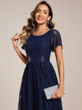 A-Line Short Sleeve Ruffled Empire-Waist Scoop Neck Lace Formal Dress